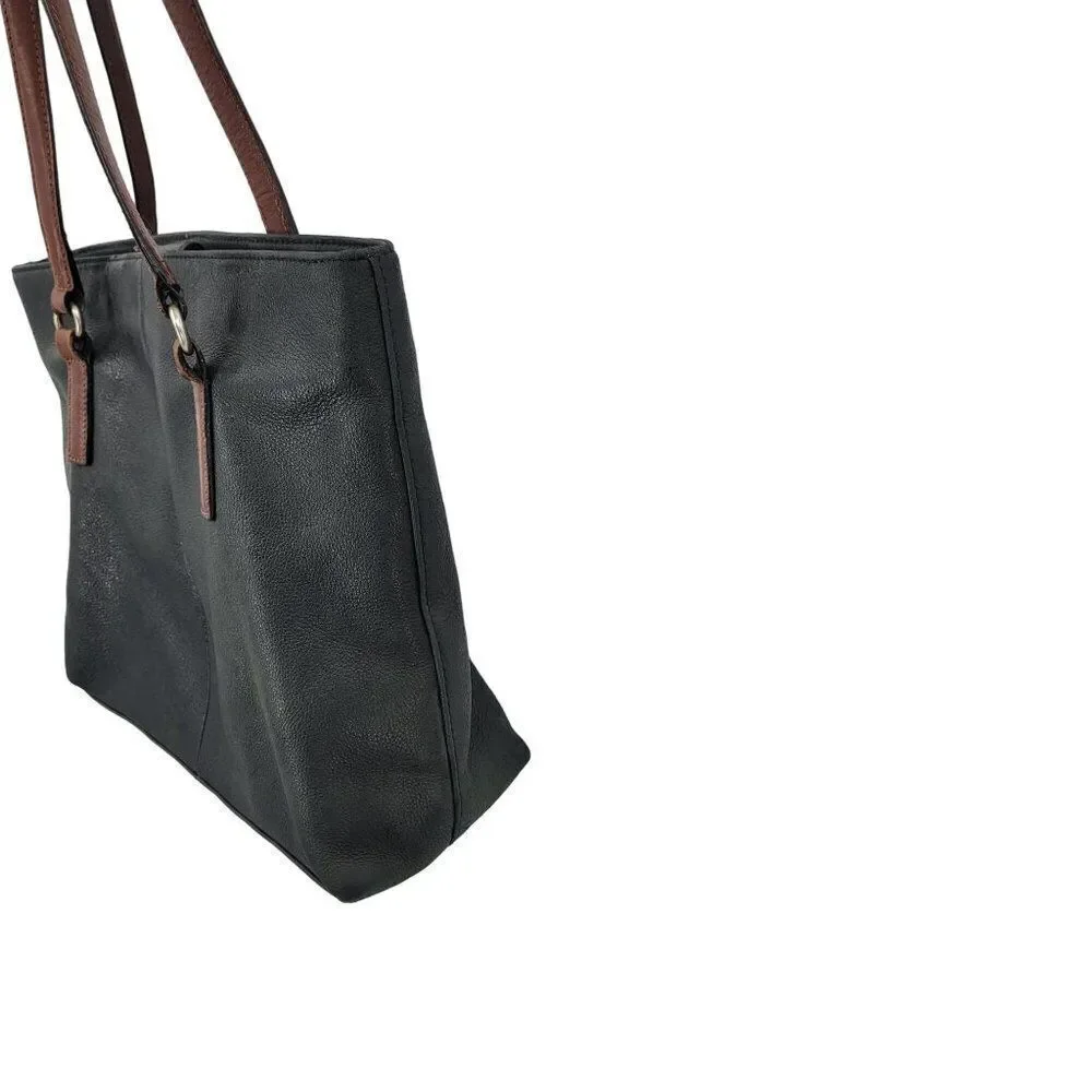 Fossil Black Genuine Leather Tote Bag Pebble Brown Embroidery‎ Western City Med
